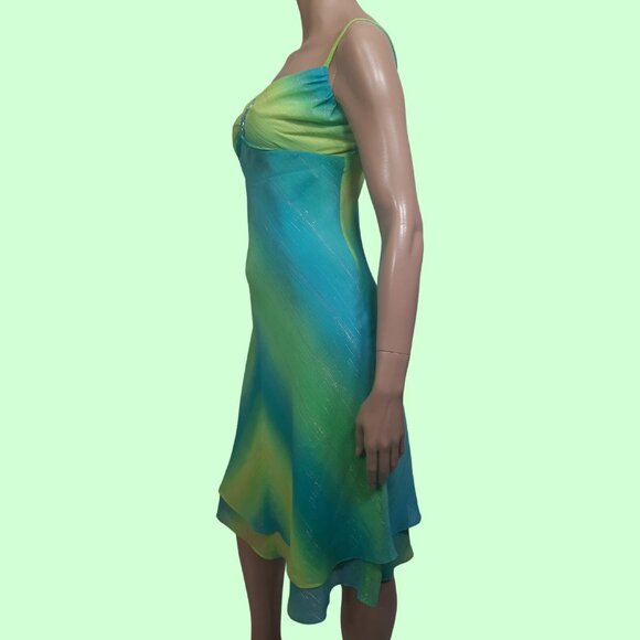 Y2K Slip Dress Size S Blue Green Metallic Stripe Midi Fairy Mermaid Party - Picture 7 of 13